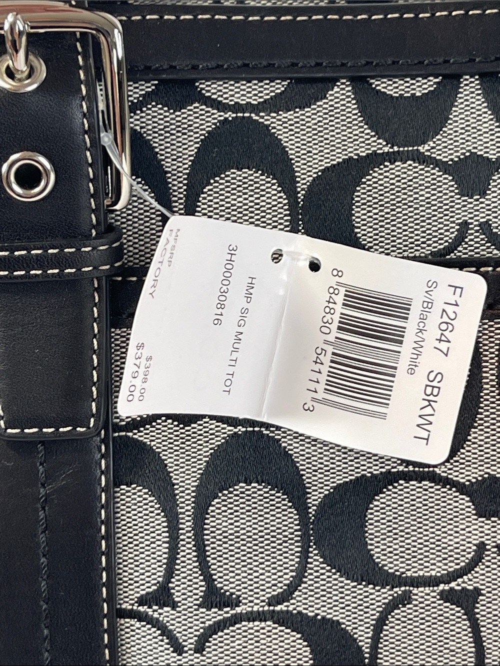 Coach Hampton Signature Jacquard Tote F12647 Black White Leather Large - Picture 10 of 11